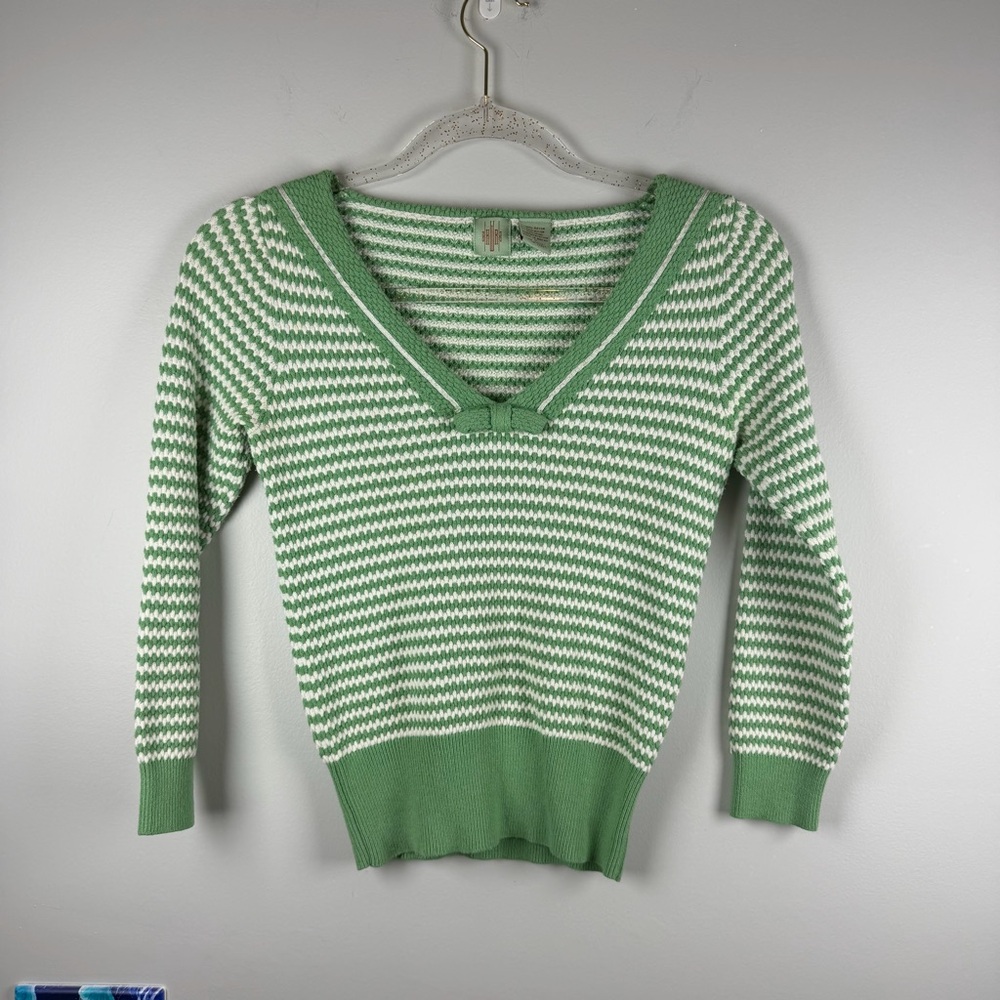 Anthropologie Monogram HWR Green White Stripe V-Neck Bow Sweater Preppy Small